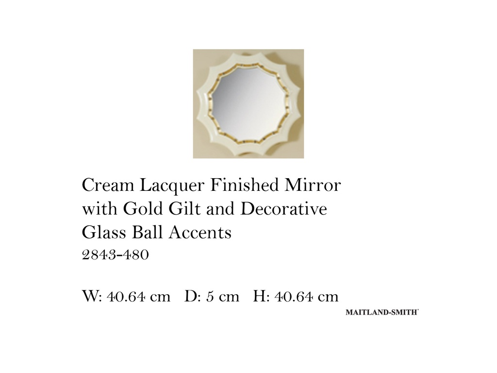 CREAM LACQUER FINISHED MIRROR WITH GOLD GILT AND DECORATIVE GLASS BALL ACCENTS