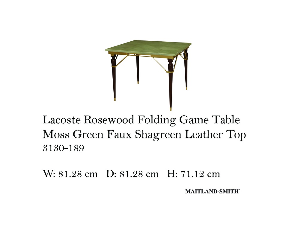 LARCOSTE ROSEWOOD FOLDING GAME TABLE MOSS GREEN FAUX SHAGREEN LEATHER TOP