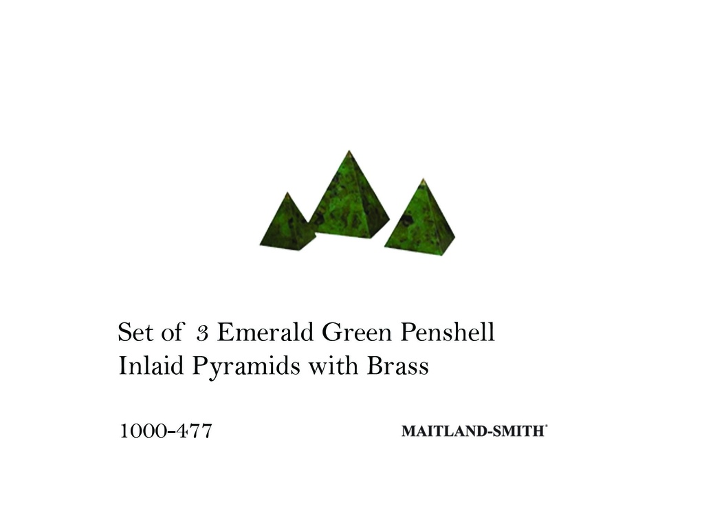 SET OF THREE EMERALD GREEN PENSHELL INLAID PYRAMIDS WITH BRASS ACCENTS