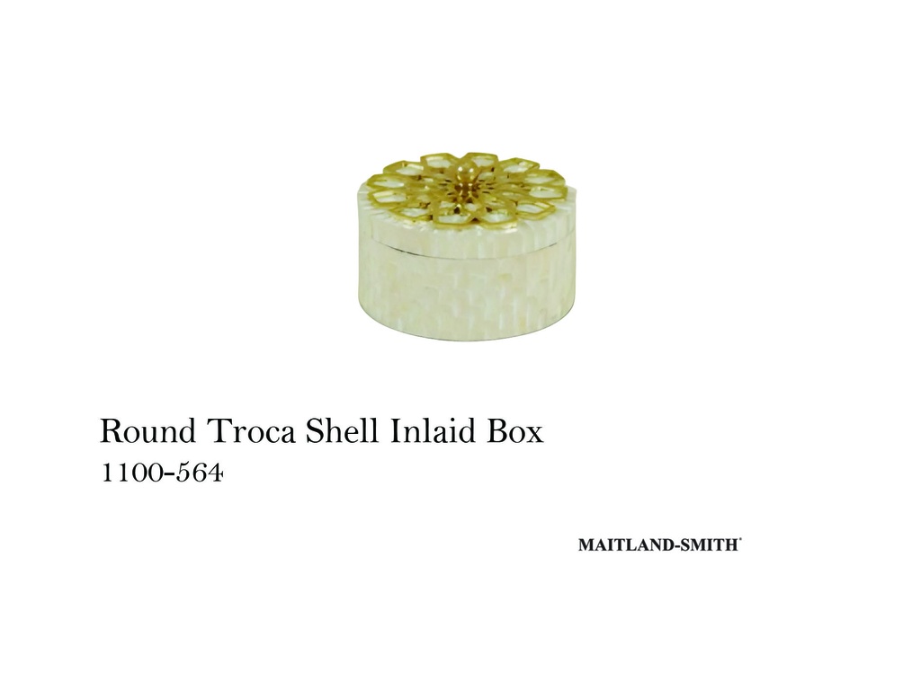 ROUND TROCA SHELL INLAID BOX, DECORATIVE POLISHED BRASS ACCENT