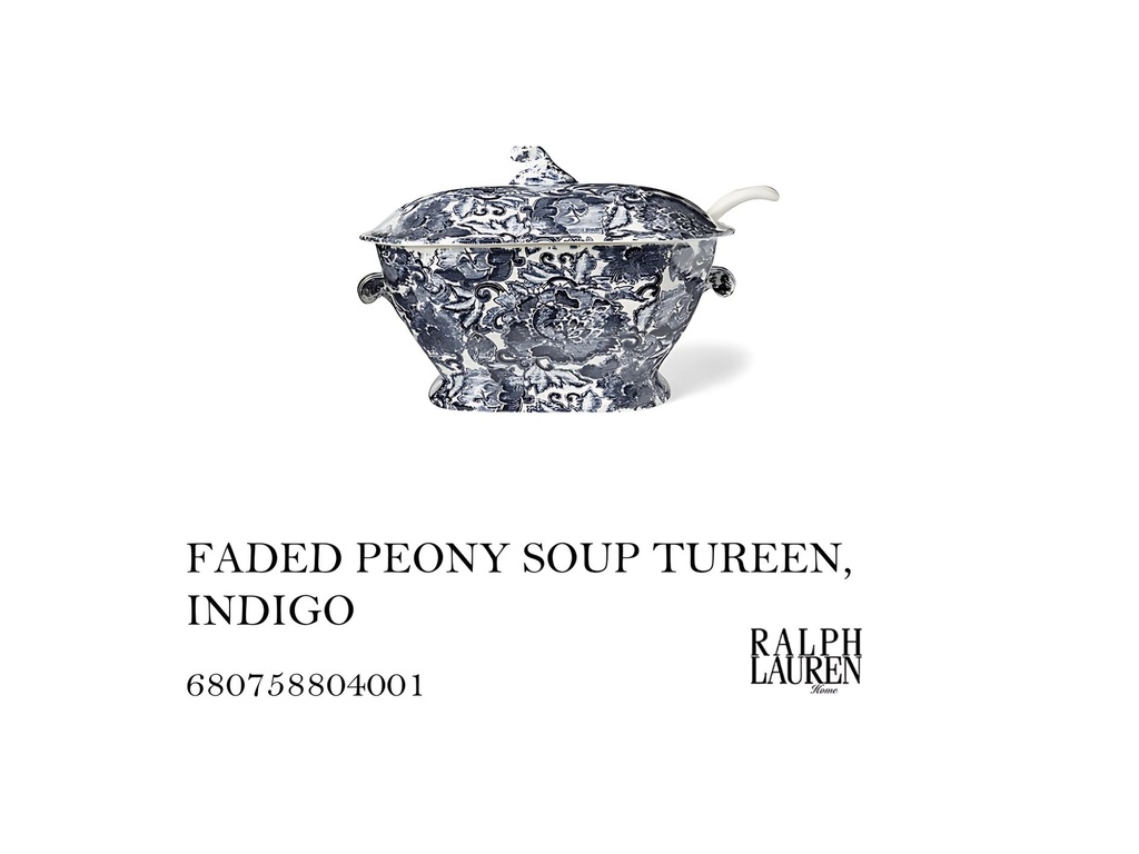 FADED PEONY SOUP TUREEN, INDIGO
